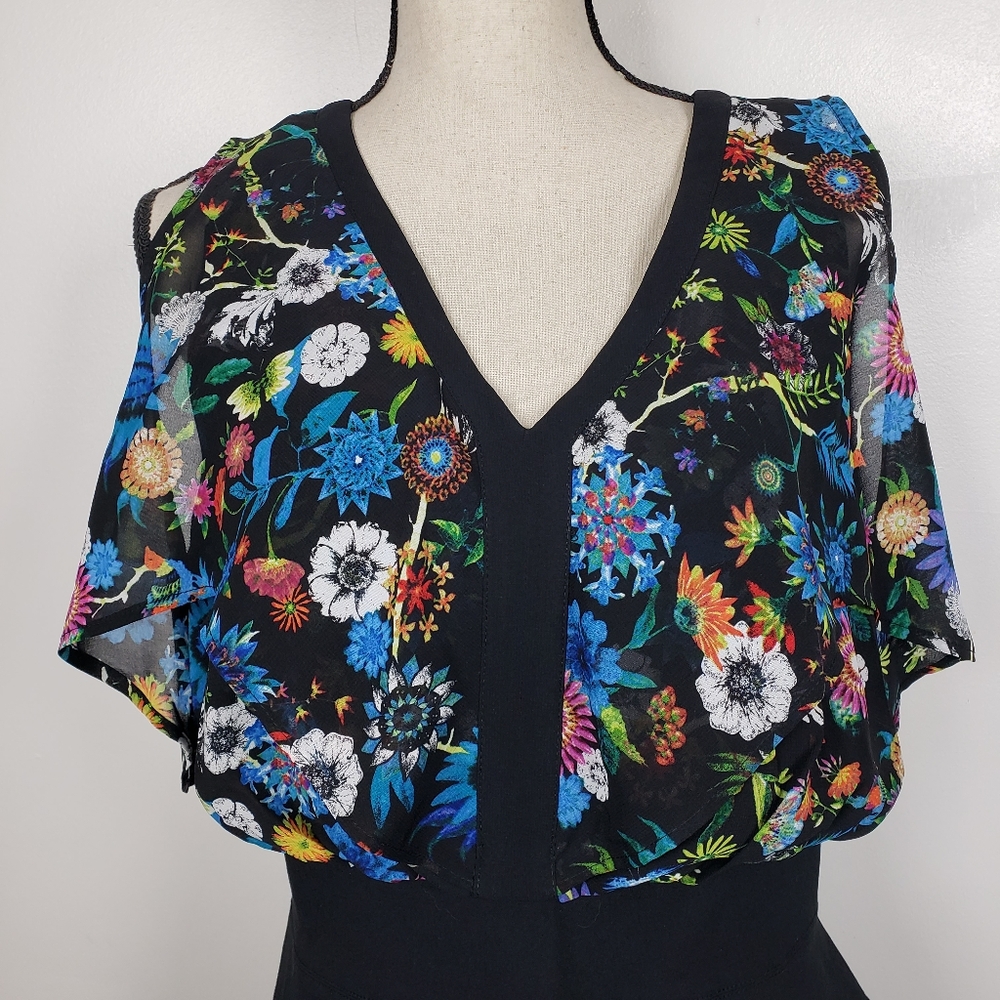 nicole by Nicole Miller Floral Black Bodycon Flutter Sleeve Midi Dress 14 - Picture 10 of 11